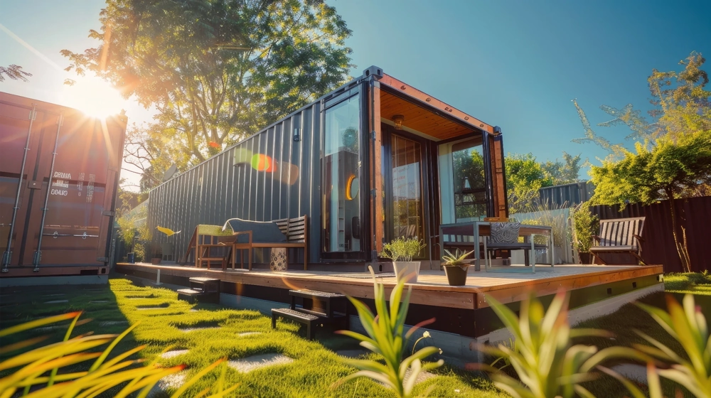 Nowoczesne Domy z kontenerów morskich z tarasem, meblami ogrodowymi i doniczkami na zielonym trawniku